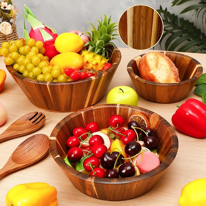 Yunlly Wooden Salad Bowl Set of 5 - Large Fruit Mixing Bowls with Salad Servers Utensils for Serving Dining Accessory - Handmade - Acacia Wood - Large 12", Medium 10", Small 8"(Round Design)