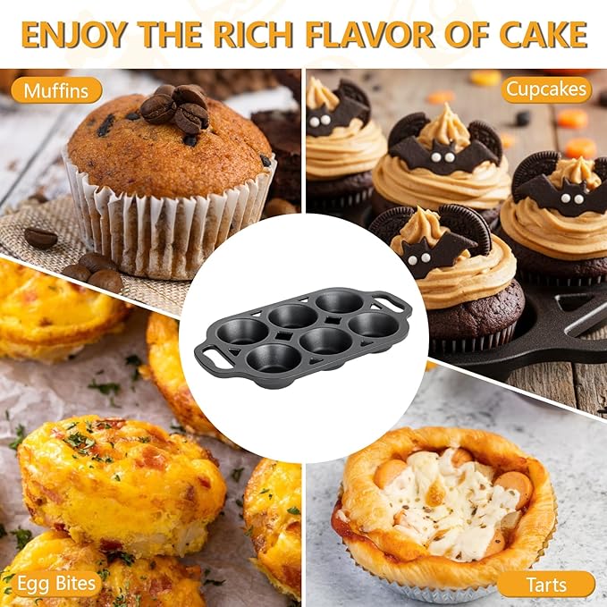 COSORM 6 Cup Cast Iron Muffin Pan - Pre-Seasoned Nonstick Muffin Tin, Regular Size Cupcake Baking Pan