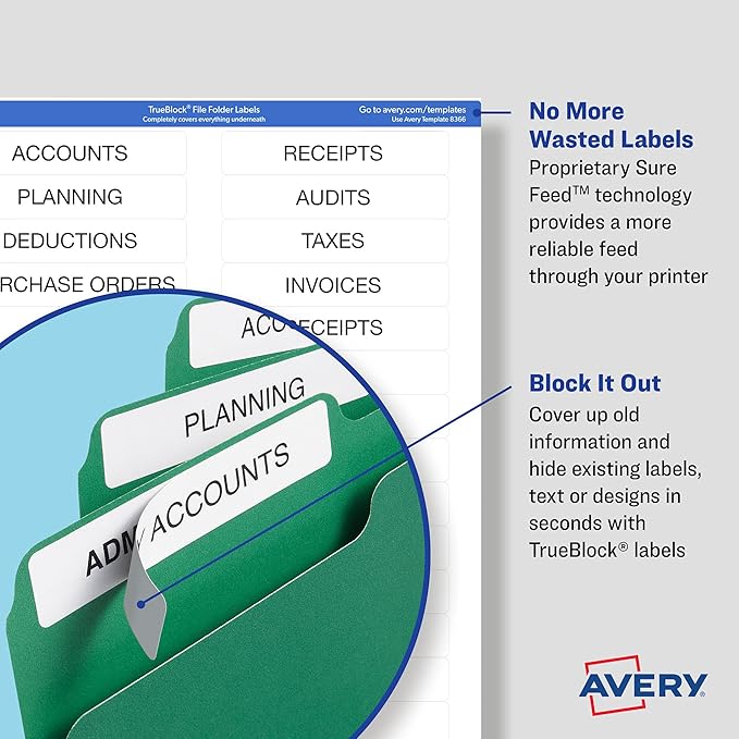 Avery File Folder Labels with TrueBlock Technology, Permanent Adhesive, 2/3" x 3-7/16", Laser/Inkjet, 2-Pack, 1,500 Labels Total (38366)