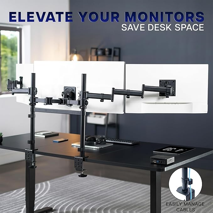 VIVO Clamp-on Dual Pole Triple Monitor Desk Mount for 1 Center Utrawide up to 49 inches and 59.4 lbs, 2 Side Screens up to 38 inches and 17.6 lbs, Low Profile Adjustable Stand, Black, STAND-V300CU