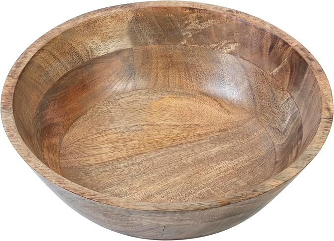 Crocon Wooden Salad Bowls Set, Round Serving Bowl for Fruits or Salads, Cereal, Corn Flake, Large Wood Serving Bowl, 12" Big Salad Bowl With Serving Utensils