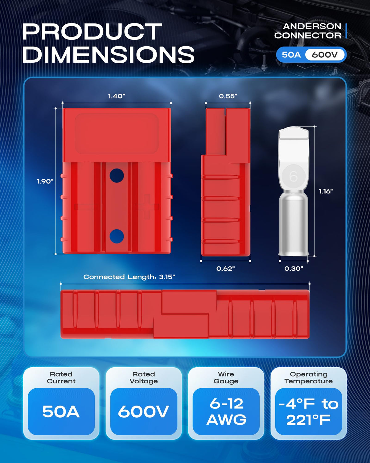 furwishlisting Anderson Connector 50A 600V Battery Quick Connect/Disconnect for 6-12 AWG Cables, Anderson Plug for Winch, Trailer, RV, Forklift (Red, 2 PCS)