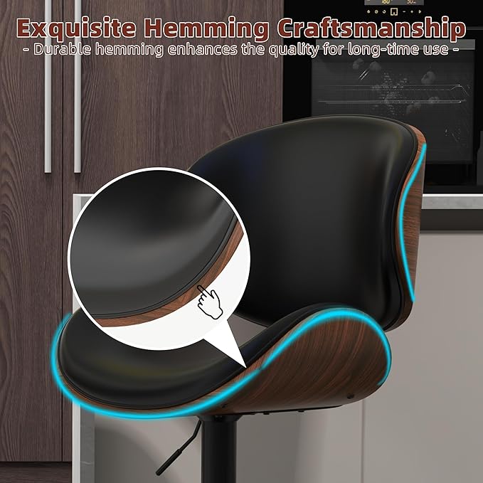 civama Bar Stools Set of 6 for Kitchen Counter, Adjustable Bar Height Chairs, Modern Swivel Barstools with Bentwood Seat and Back with Footrest for Kitchen Island, Dining Room, Black PU Leather