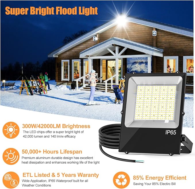 4Pack LED Flood Light Fixture 300W 36000LM ETL Listed 5000K Outdoor Floodlight Security Lighting IP65 Waterproof for Parking Lot Sports Fields Billboard Arena Yard Garage AC100-277V