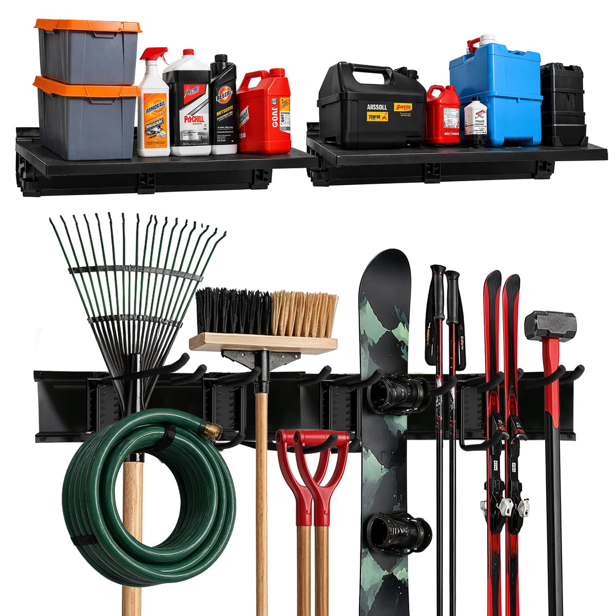 TIDYME Garage Tool Organizer Wall Mount | 48-Inch Garage Wall Organizer & Folding Chair Rack | Heavy-Duty Tool Hanger System | 9-Piece Kit with 3 Steel Rails & 6 Adjustable Hooks | 300 lbs Capacity