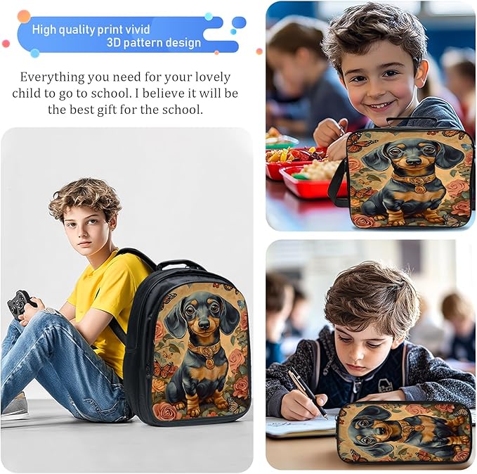 Cute Dachshund Backpack Set 3 Piece School Bags and Lunch Box with Pencil Case Funny Flower Dog Animal Bookbag Set for Toddler Kids Girls Boys Teens Kindergarten Elementary Middle