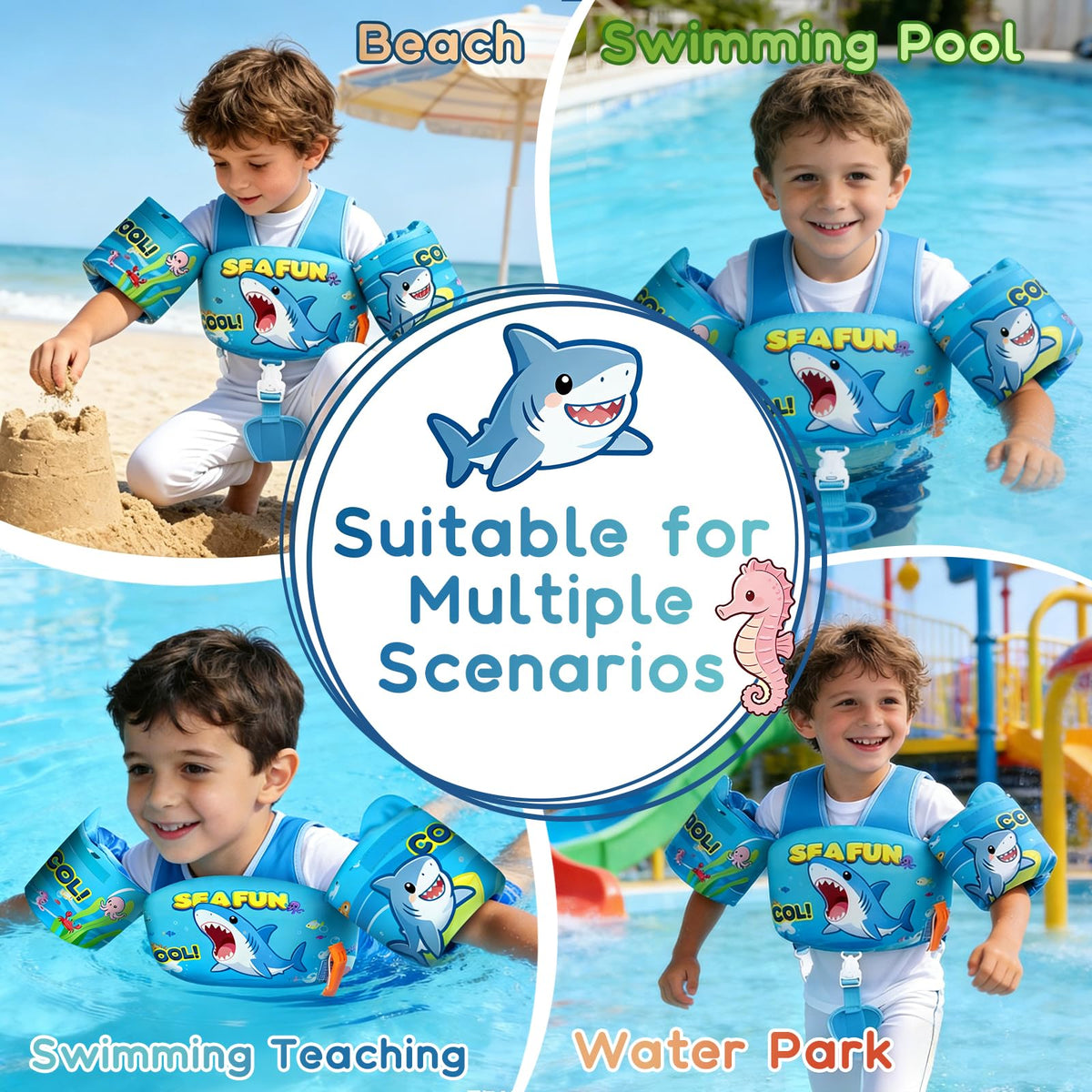 ReePlan Toddler Swim Vest for Kids 13-30-50-66 Lbs, Adjustable Swim Training Vest with Arm Floaties Reflective Strips Shoulder Straps & Secure Crotch Strap, with Whistle, Ages 1-2-3-4-5-6 Pool & Beach