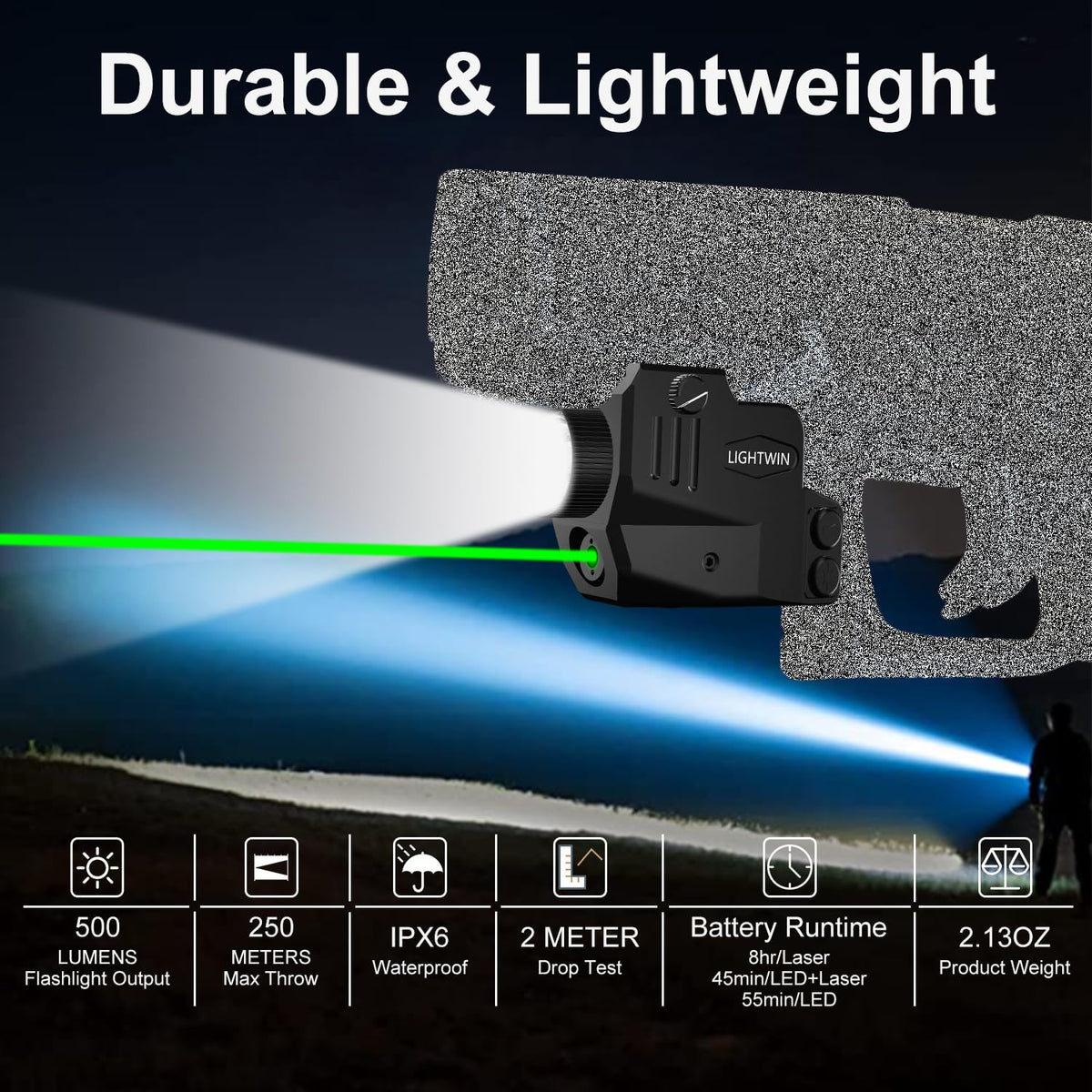 Magnetic Rechargeable 500 Lumens Pistol Light Laser Combo, Green Laser Beam, Strobe & Steady Function for Tactical Flashlight with Picatinny Rail