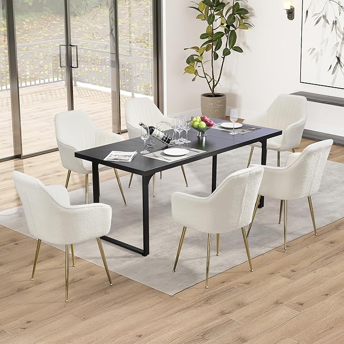 ECOTOUGE Modern Dining Chairs Set of 6, Upholstered Dining Room Chairs with Golden Metal Legs, Teddy Velvet Kitchen Chairs for Dining Table, Accent Chairs for Living Room, Cream White