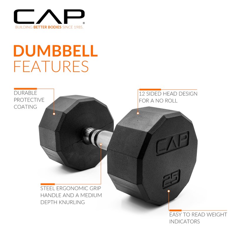 CAP 25 LB 12-Sided Rubber Coated Dumbbell Weight, Rubber Free Weights for Home Gym Strength Training, Chrome Handle, Pair