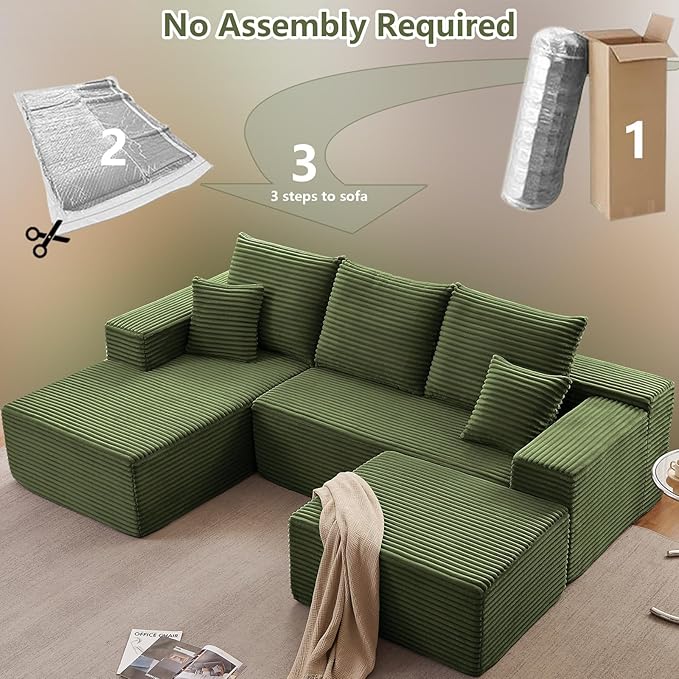 107" L-Shape Sofa with Ottoman, Modern Modular Sectional Comfy U-Shape Cloud Couch, Deep Seat, Upholstered Corduroy Sleeper Chaise Longue for Living Room Bedroom, No Assembly Required, Green