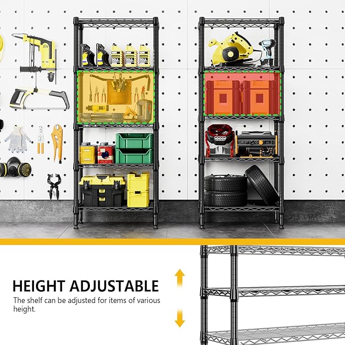 1250 lbs 5 Tier Shelf Metal Storage Shelves Wire Rack Closet Organizers for Garage Kitchen Bathroom Laundry Black 11.8" D x 23.6" W x 59.5" H