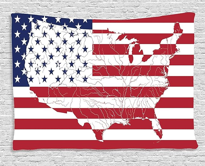 Ambesonne American Flag Tapestry, America Continent Shaped Flag Martial Design International World Glory Print, Wide Wall Hanging for Bedroom Living Room Dorm, 60" X 40", Indigo Red