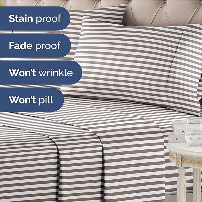 Striped Sheets - Brown Striped Sheets - 1 Flat & 1 Fitted & 2 Pillowcases w/ Deep Pockets – Comfy, Wrinkle & Fade Free - Ultra-Soft, Breathable & Cooling – Luxury Pinstripe Bedding - King Size Bed Set