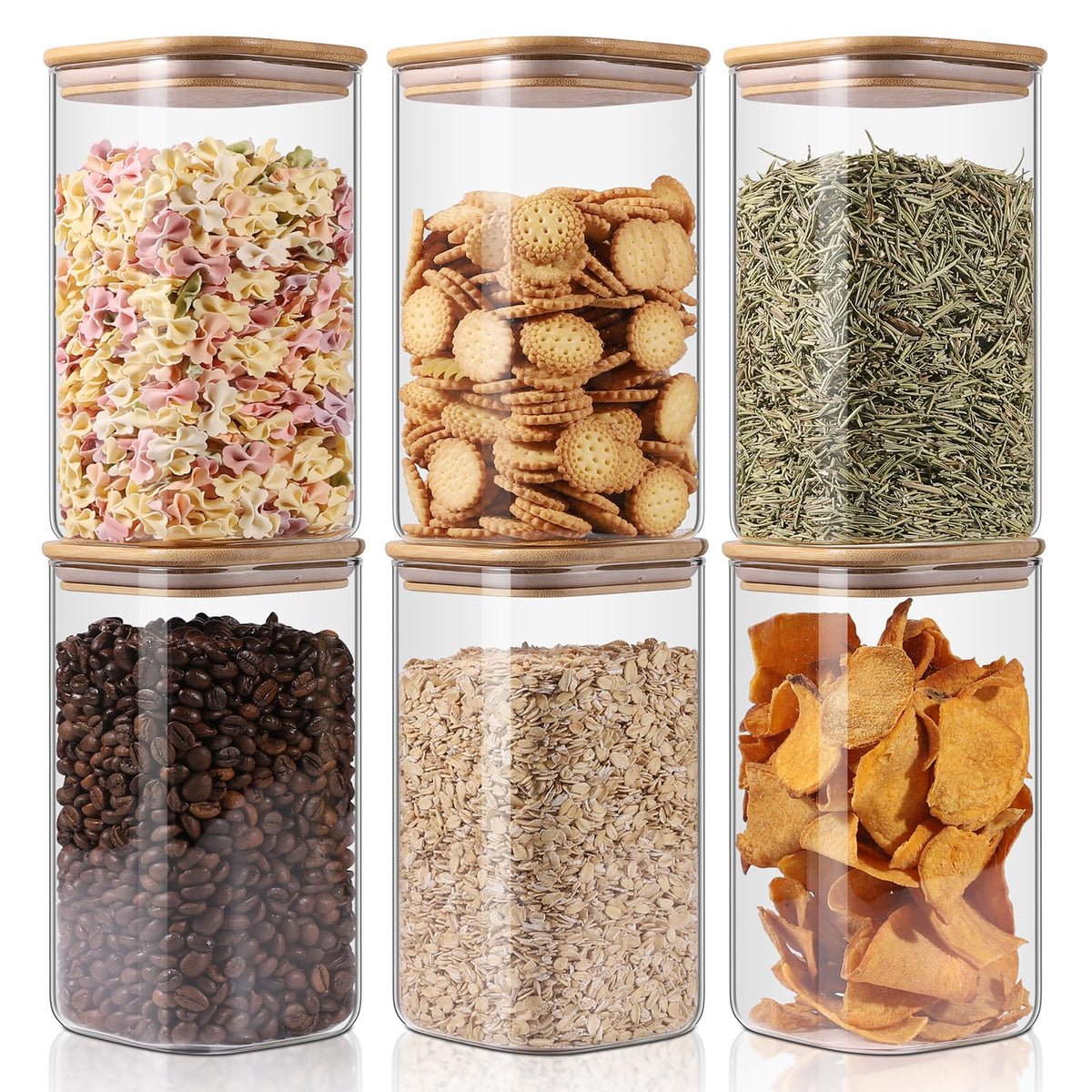 YUNCANG Glass Food Storage Jars 50oz [Set of 6],Clear Glass Food Storage Containers with Airtight Bamboo Lid Stackable Kitchen Canisters for Candy,Cookie,Rice,Sugar,Flour,Pasta