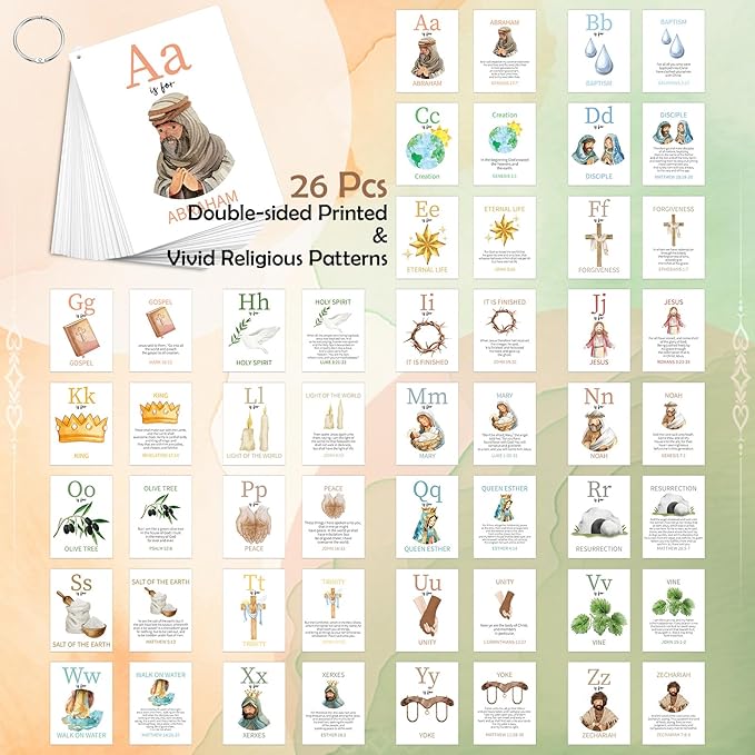 Skyygemm 26 Pcs Bible ABC Flash Cards Christian Bible Verse Alphabet Cards KJV Version Religious Scripture Memory with Stainless Steel Ring for Preschool Sunday School Toys Basket Suffers