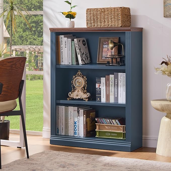 43" Blue Tall Bookshelf,3-Tier Thick Wooden Book Shelf with Adjustable Shelves,Free Standing Farmhouse Bookcase with Open Display Storage,Floor Vintage Bookshelves for Living Room,Office
