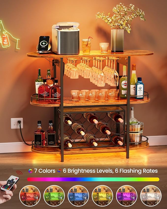 VASAGLE Bar Cabinets for Home, LED Coffee Bar with Power Outlets, Home Mini Bar for Liquor, Freestanding Wine Rack with Glass Holder, Kitchen, Dining Room, Rustic Brown ULWR007K01