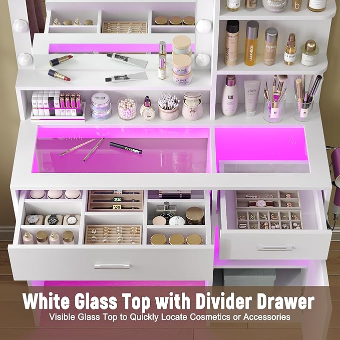 Modern White Vanity Desk with Lighted Mirror & RGB Adjustable Brightness – Elegant Dressing Table with Glass Top & Power Outlet, Perfect for Women & Girls' Bedrooms - 36 Lighting Modes (White)