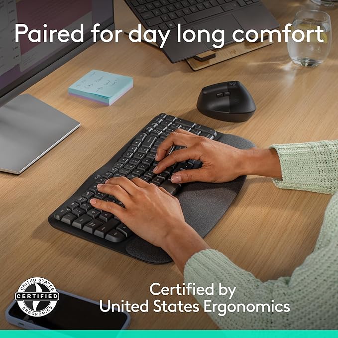 Logitech Wave Keys & Lift Vertical Mouse - Ergonomic Wireless Keyboard and Mouse Combo - with Cushioned Palm Rest, Easy-Switch, Bluetooth, for Multi-OS, Windows/Mac - Graphite