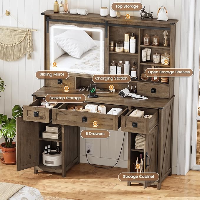 AOGLLATI Farmhouse Makeup Vanity Desk with Lights & Charging Station,Vanity Desk with Mirror and Lights, 47.2” Large Brown Vanity Table with Ample Storage Space and Sliding Mirror (Oak Brown)