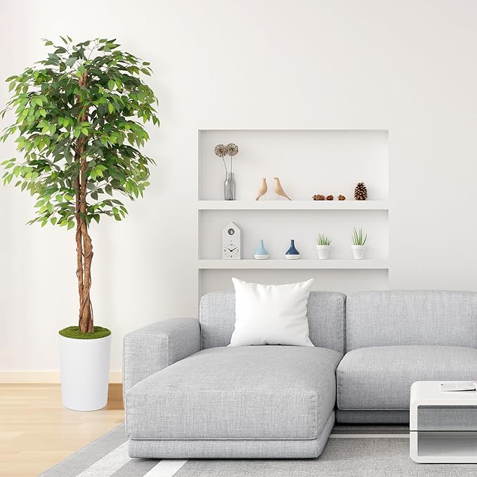 7Ft Artificial Ficus Tree in Large Tall Planter - Faux Indoor Plant with Realistic Wood Trunk - Large Tall Fake Plant for Home, Office, Living Room, Patio Decoration