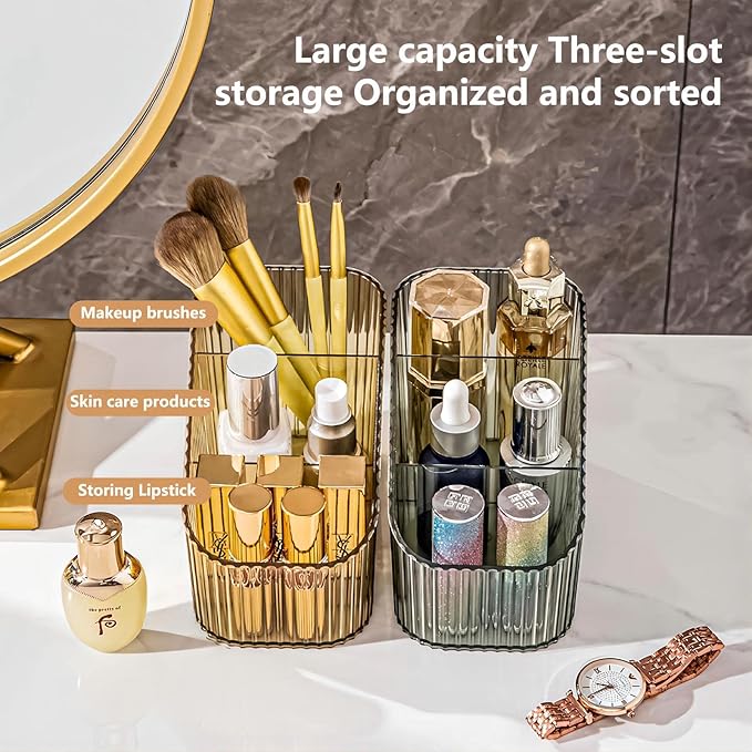 DASITON Large Capacity Makeup Brush Holder,3 Slot Makeup Brush Cup,Vintage striped Make Up Brush Holder,for Vanity Decor,Bathroom Countertops,Desk Storage Container,Cosmetic Display cases(Amber-S)