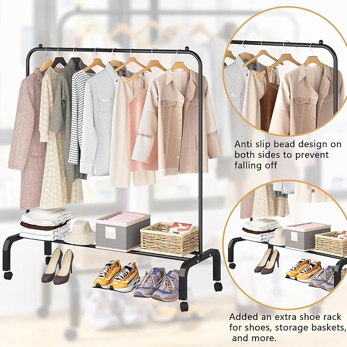 Rolling Clothes Rack Metal Clothing Rack with Wheels Garment Rack with Bottom Shelf for Hanging Clothes Shirts Jeans and Coats Black