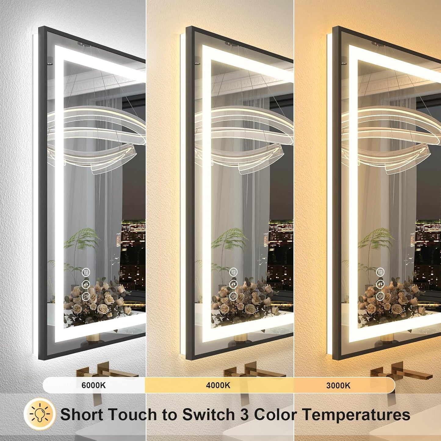 OKPAL 50x30 LED Bathroom Mirror with Black Frame, Lighted Bathroom Vanity Mirror, Front and Backlit, Dimmable, Anti-Fog, 3 Colors, Shatterproof, ETL Listed, Horizontal/Vertical