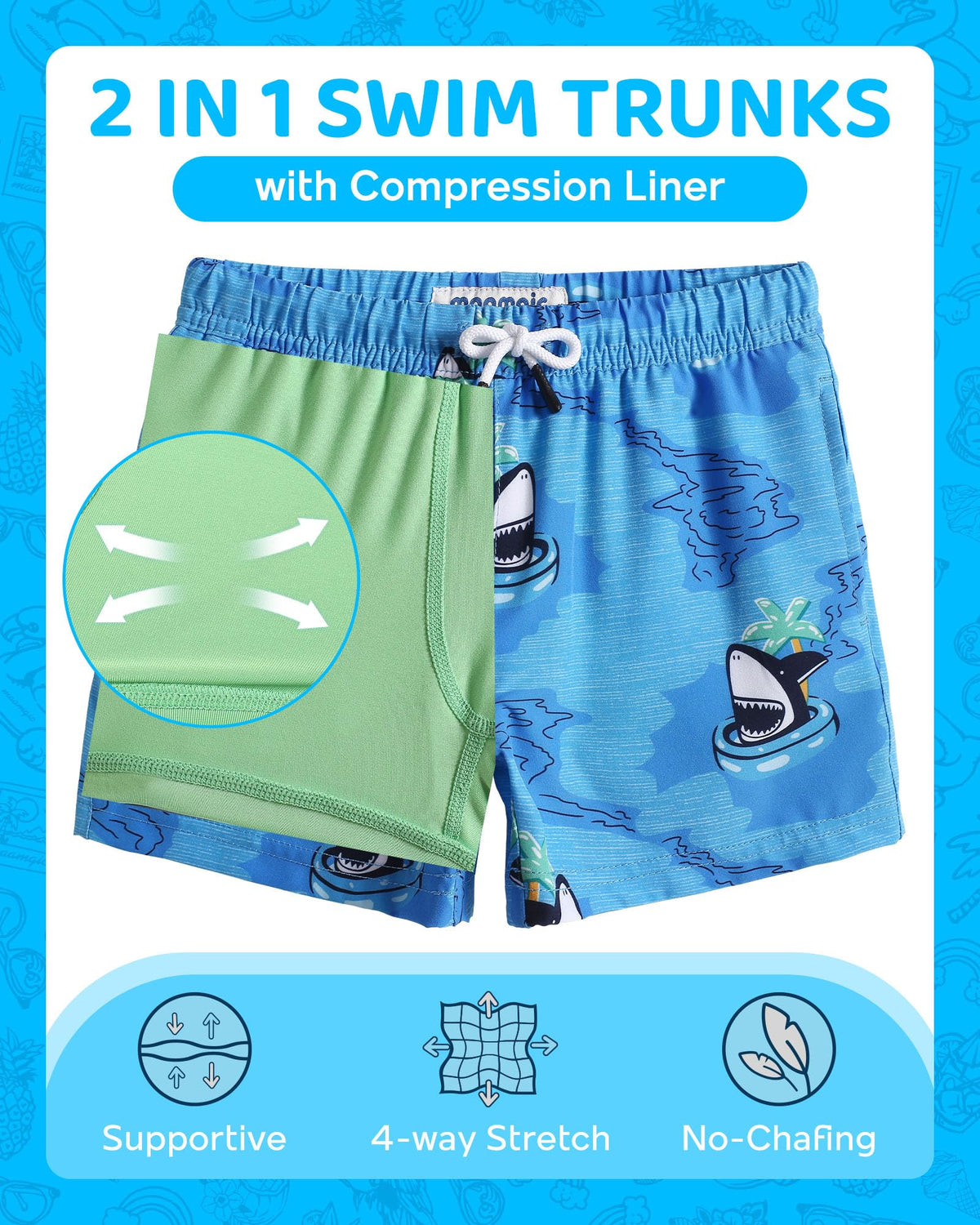 maamgic Boys Swim Trunks with Compression Liner Toddler Boy Swimsuit Quick Dry 4-Way Stretch Swimming Trunks Swim Ring Shark Blue 4T