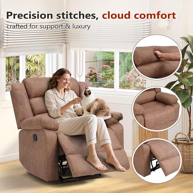 ANJ Manual Recliner Chair Set of 2, Breathable Faux Leather Reclining Chairs with Overstuffed Arm and Back, Living Room Single Sofa Recliners