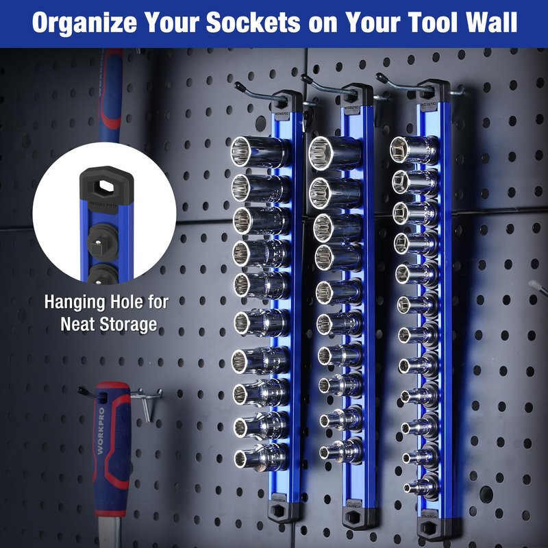 WORKPRO Magnetic Socket Organizer Set, 3-Piece Aluminum Alloy Socket Rail, Heavy Duty Socket Holder, Socket Rack Kit 1/4-Inch x 12 Clips, 3/8-Inch x 10 Clips, 1/2-Inch x 10 Clips (Blue)