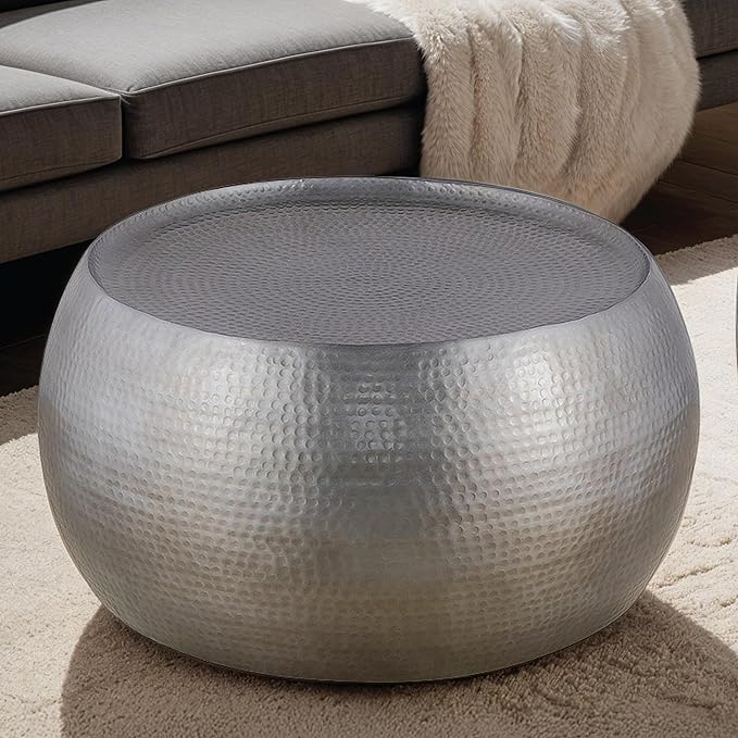 CT501 Modern Contemporary Round Aluminum Material 32" Coffee Table, Farmhouse Table with Glossy Hand Hammered Design Antique Silver