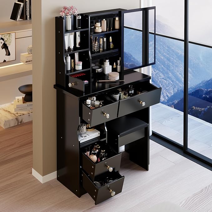 29.2" Small Vanity Desk with Mirror, Makeup Table with Sliding Mirror, Dressing Table with Multi Layer Capacity Storage, Vanity Set with 5 Drawers and Stool for Small Space Bedroom, Black
