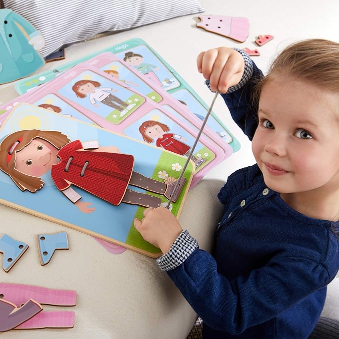 HABA Dress Me Lacing Cards Game - Montessori Fine Motor Skills Toy for Preschool Learning Activities and Kindergarten Toys with 36 Wooden Pieces