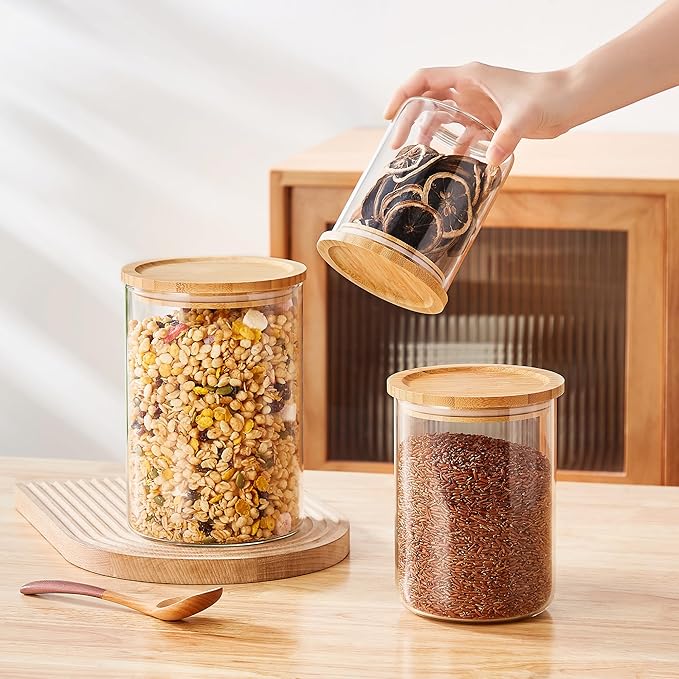 Amisglass Glass Storage Containers with Wooden Lids, Airtight Canister for Kitchen Countertop Set of 3,Large Flour and Sugar Containers for Candy, Cookie, Rice, Coffee Beans, Snacks, Spices