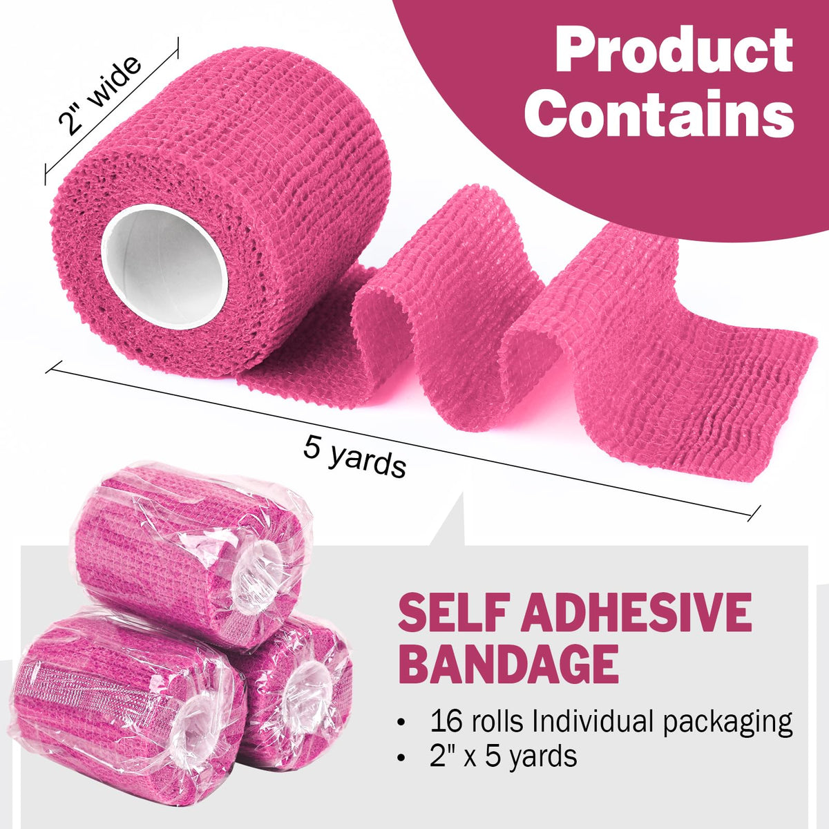 AZEN 16 Pack Self Adhesive Bandage Wrap Pink, 2" X 5 Yards Elastic Cohesive Bandage Wrap, Athletic Tape, Vet Wrap, Ankle Tape, Tattoo Grip Tape Wrap (Pink)