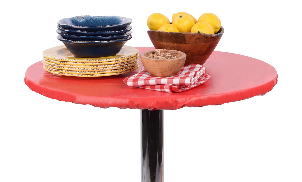 Yourtablecloth Heavy Duty Vinyl Round Fitted Tablecloth (Table Cover) with Flannel Backing Vibrant Colors Elasticized Tablecloth Great for Indoor and Outdoor Dining and Playing Cards 48” White