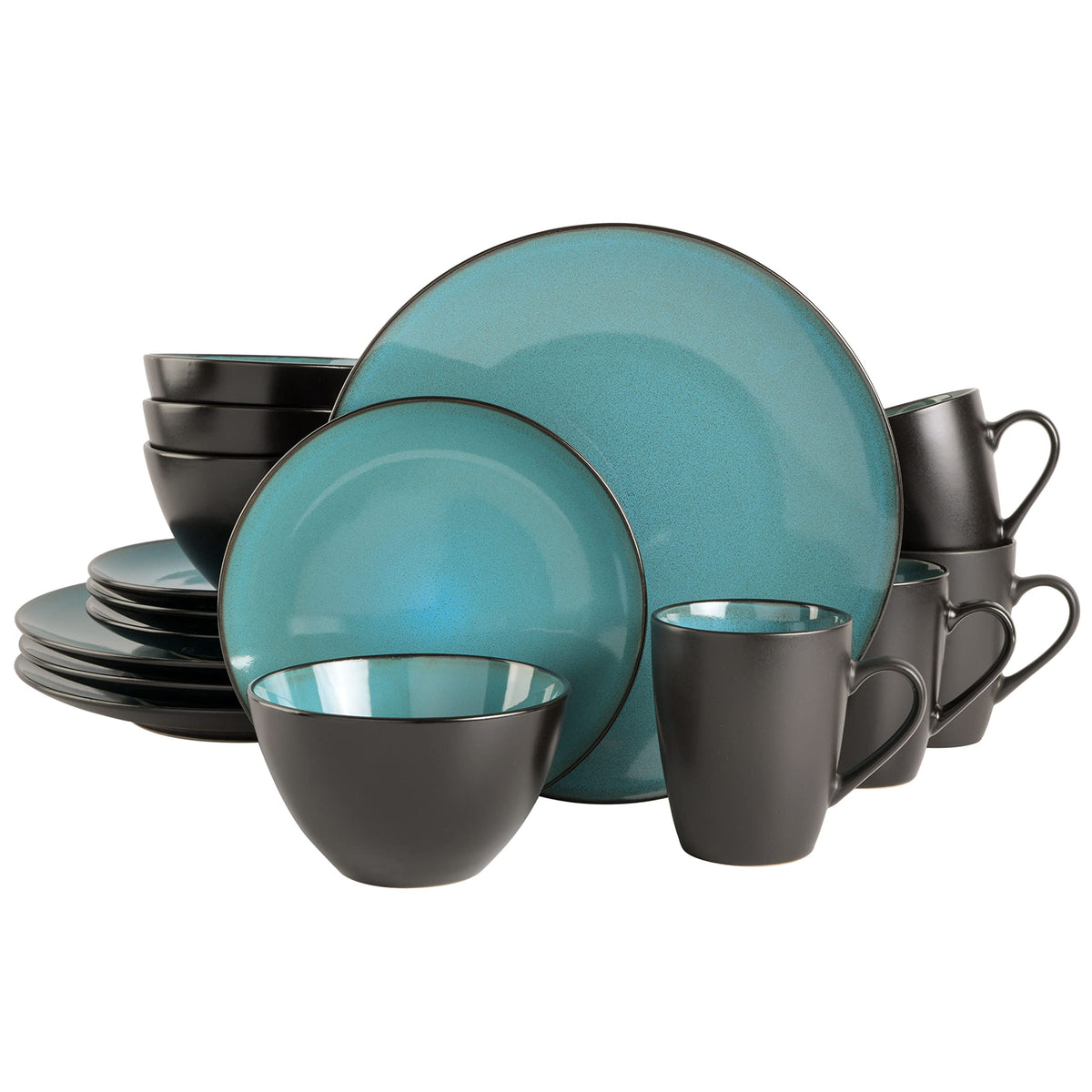 Gibson Elite Soho Lounge Round Reactive Glaze Stoneware Dinnerware Set, Service for 4 (16pc), Blue, Soho Round.