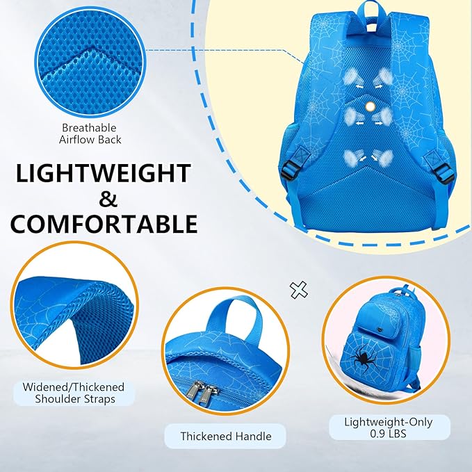 Kids Backpack Boys Spider Backpack with Lunch Box Kindergarten Elementary Middle School Toddler Bookbag for Boys Ages 4-14, Spider-Blue