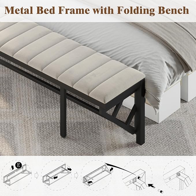 Queen Bed Frame with Folding Bench and Charging Station, Velvet Upholstered Headboard with LED Light and Storage Shelf, Heavy Duty Metal Slats/No Box Spring Needed/Easy Assembly, Beige