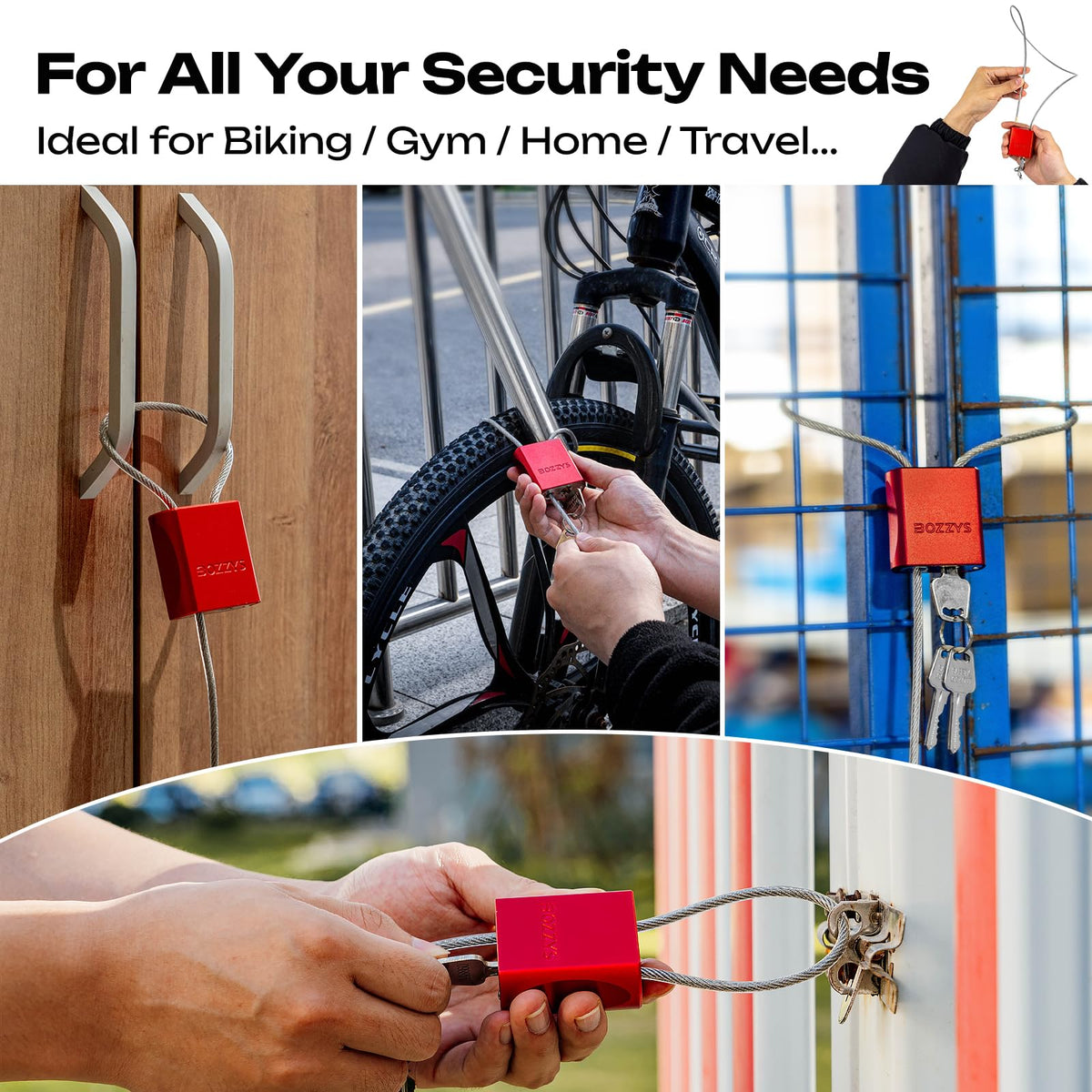 BOZZYS Cable Lock with 3 Keys | L 3.28ft(1m),D 1/6in(4mm) Adjustable Steel Cable Padlock | Aluminum Locks for Bikes, Gate, Lockers & Outdoor Gear | Weatherproof & Red