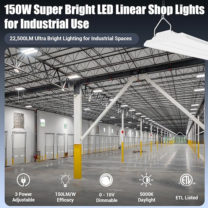 LED Linear Shop Lights 150W, 22500LM Led High Bay Lights 5000K Daylight 120-277V, 4-Pack Led Garage Light for Shop Workshop Store Commercial Supermarket Warehouse Basement Exhibition Room ETL