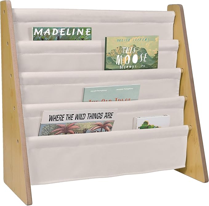 Wildkin Wooden Sling Bookshelf for Kids – Premium Canvas Design with 4 Fabric Shelves, Organizer for Home or Classroom - Natural w/Tan