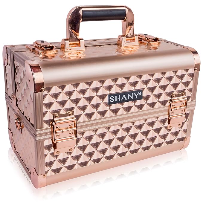 SHANY Premier Fantasy Professional Makeup Train Case Cosmetic Box Portable Makeup Case Organizer Jewelry storage with Locks, 3 Trays,Makeup Brush Holder and Cosmetics Mirror - Rose Gold