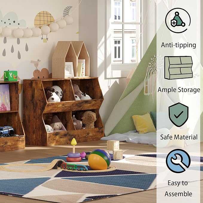DINZI LVJ Kids Bookshelf, Toy Storage Organizer, Wooden Toy Storage Cabinet, 4 Cubby Children Bookcase, 43.3" L Toddler Book Shelf for Bedroom, Nursery, Hallway, School, Rustic Brown
