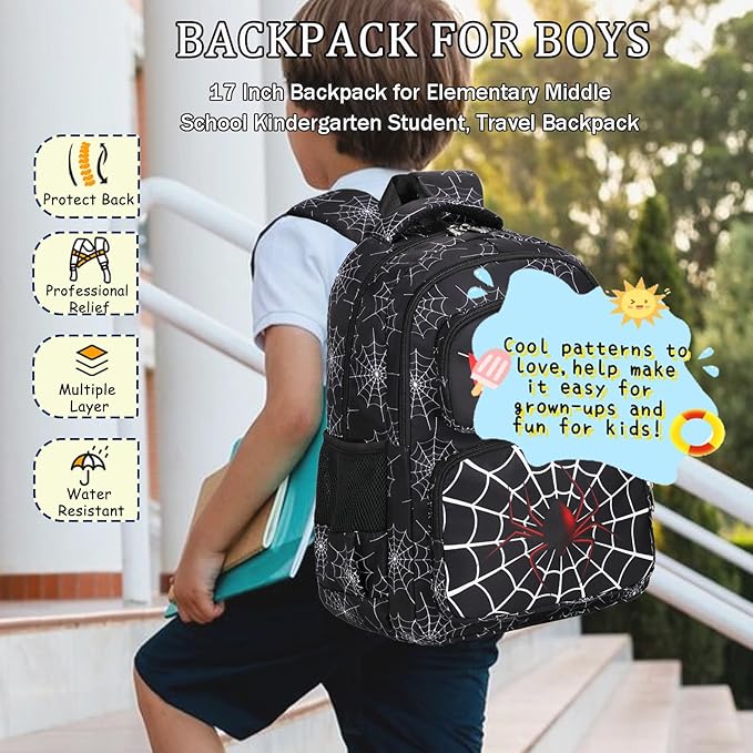 Kids Backpack Boys Spider Backpack with Lunch Box Kindergarten Elementary Middle School Travel Sport Toddler Bookbag for Boys Ages 4-14, Spider-Black