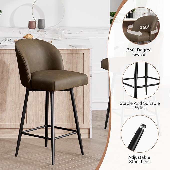 Counter Height Bar Stools Set of 4,360° Swivel Barstools with High Back and Metal Legs,26" Seat Height, Upholstered PU Leather Bar Chairs for Kitchen Island, Dining Room,Cafes,Dark Brown