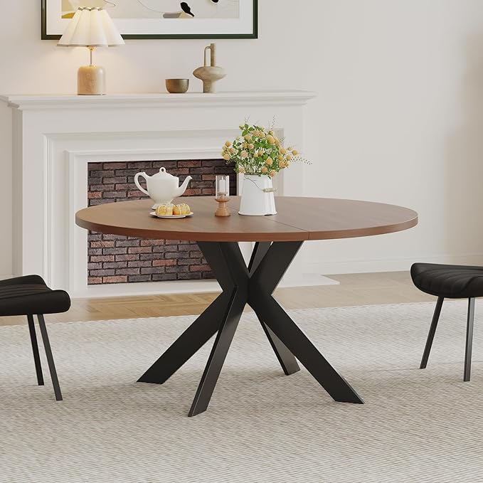 45.3" Round Walnut Dining Table for 4 – Mid-Century Modern Pedestal Table for Kitchen, Dining Room, Small Apartment or Breakfast Nook