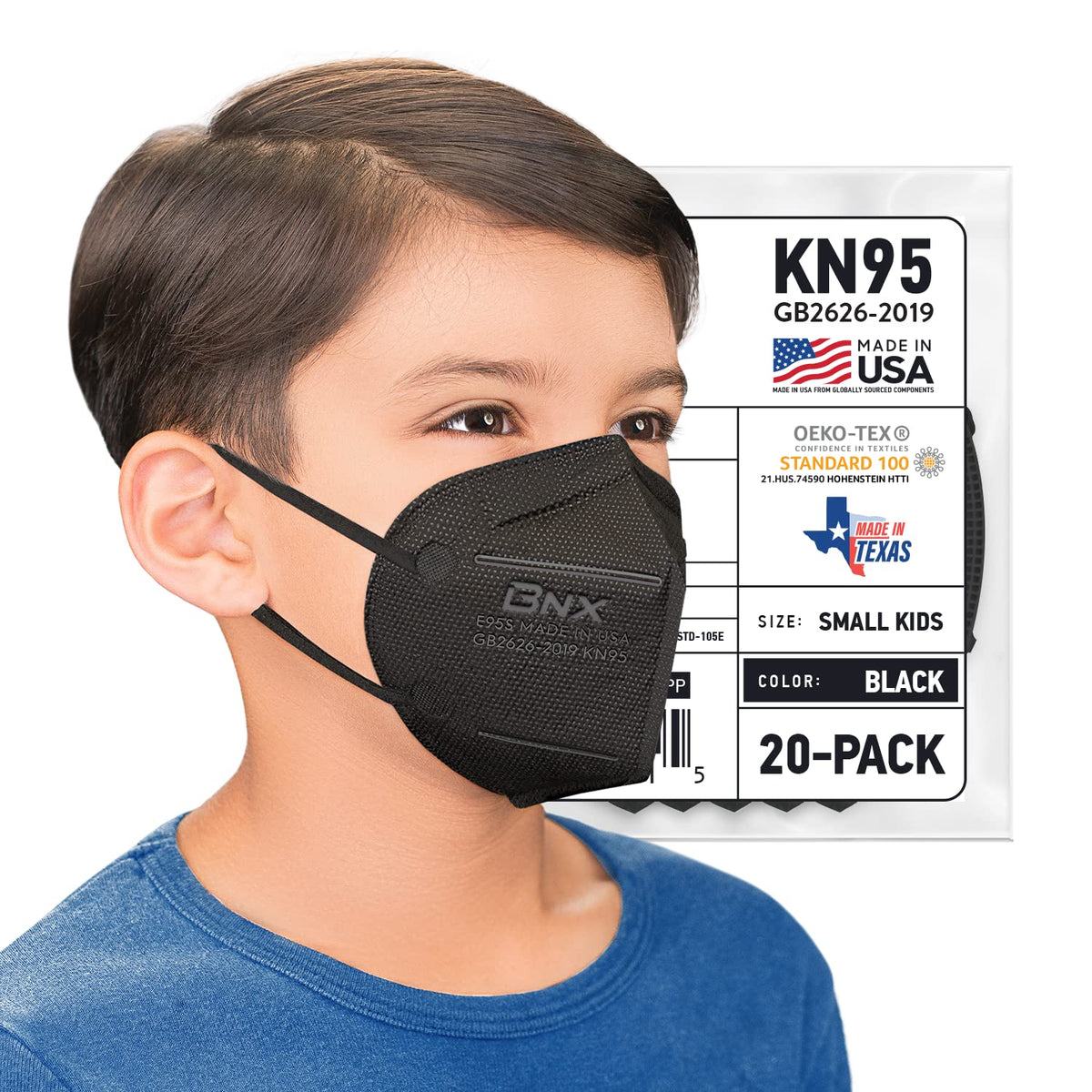 BNX 20-Pack Kids KN95 Face Mask, Disposable Particulate KN95 Mask Made in USA, Protection Against Dust, Pollen and Haze (20 Pack) (Earloop) (Model: E95S) Black